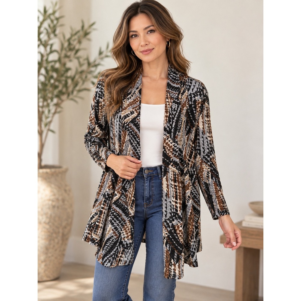 Kasper Women's 2X Open Front Geometric Print Cardigan Sweater Metallic